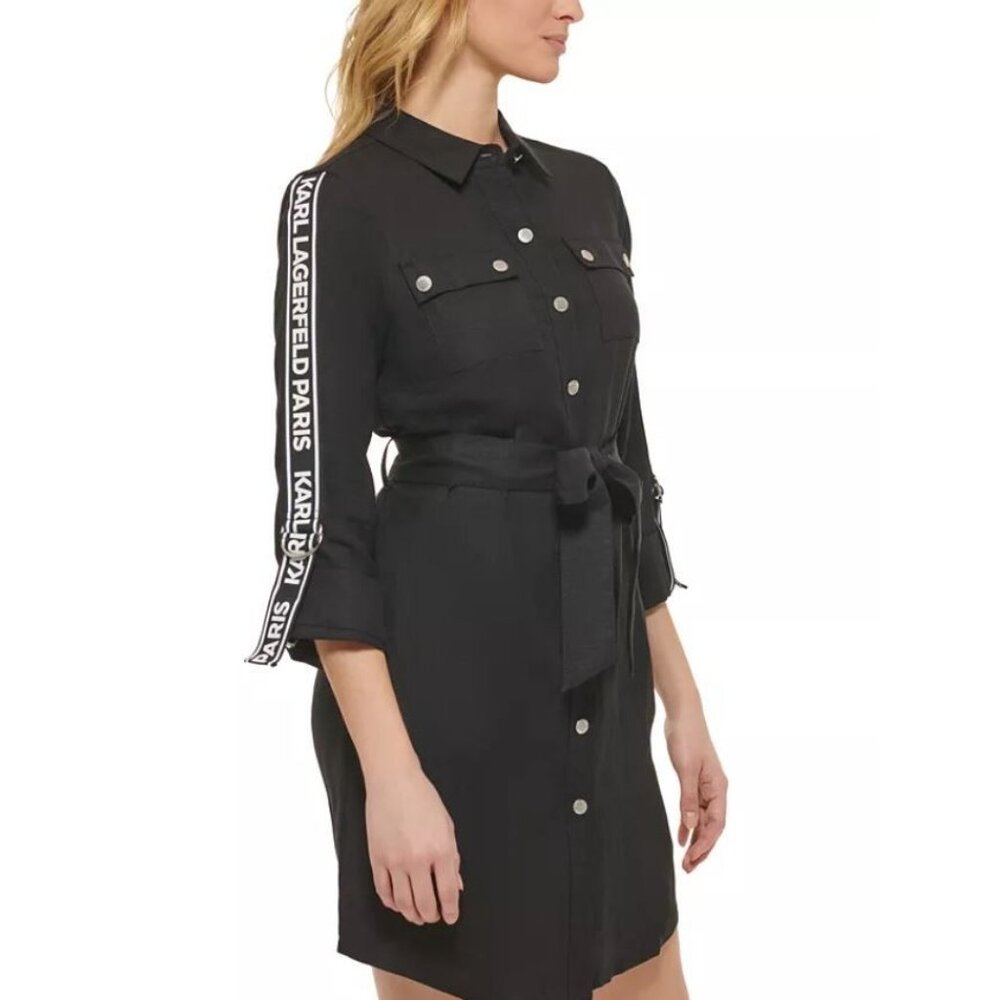 Karl Lagerfeld Paris Women's Black Linen Blend Logo Tape Shirtdress Sz 4 2444 - Picture 6 of 16